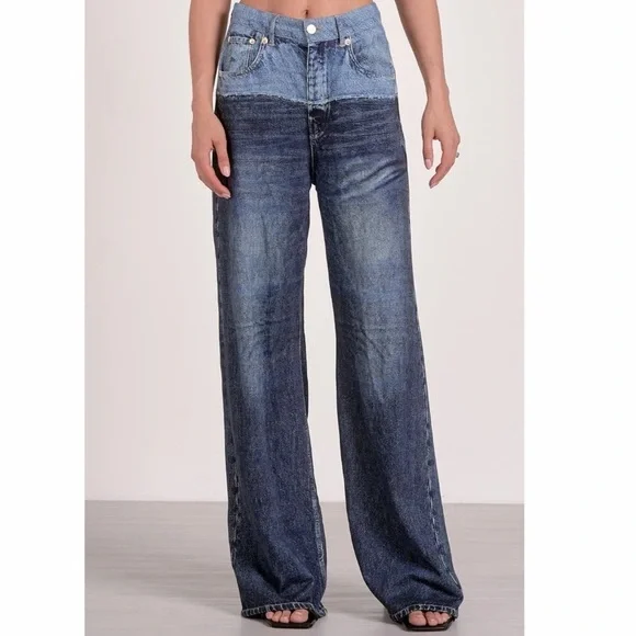 Elan Wide Leg Two-Tone Blue Jeans famous SweatJeans!! Most Comfy Ever - Picture 1 of 2
